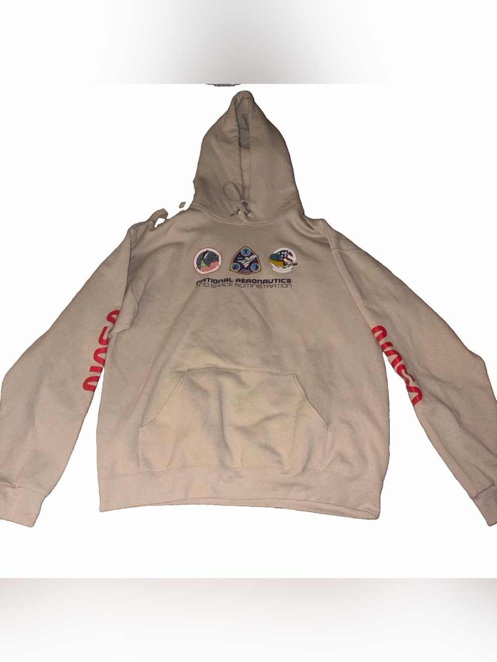 Artist Union NASA Hoodie Mens L Tan Beige National Aeronautics Sleeve Print